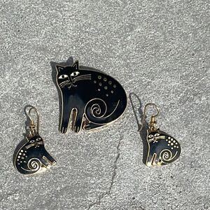 Laurel Burch vintage Keshire cat earring and brooch set like new black